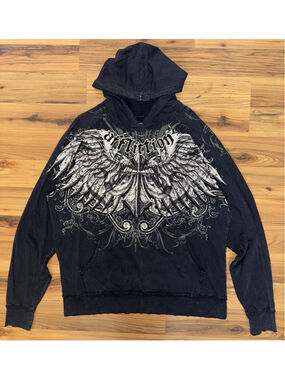 Affliction Wing Hoodie Studded Y2K Biker Grunge Distressed Black Men's XL